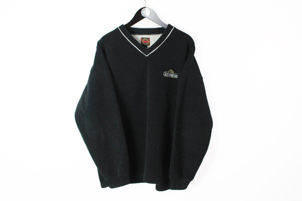 Vintage Guinness Fleece Sweatshirt XLarge black v-neck retro style 90s small logo jumper