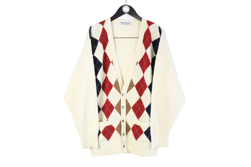 Vintage Burberrys Cardigan Large deep V-neck button wool jumper retro 90s sweater