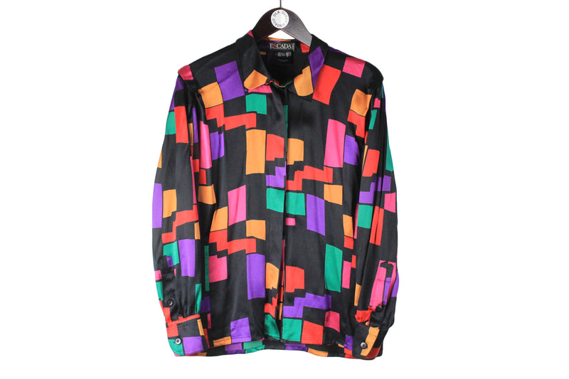 Vintage Escada Blouse Women's Large size multicolor bright rare retro casual style 100% silk made in Germany long sleeve formal event authentic clothing