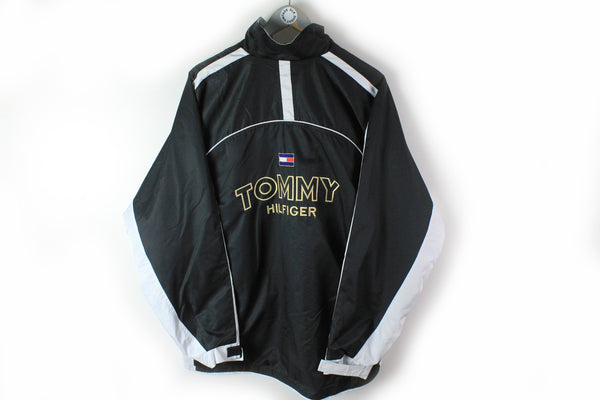 Vintage Tommy Hilfiger Bootleg Jacket XLarge / XXLarge black big embroidery logo 90s sport hip hop jacket