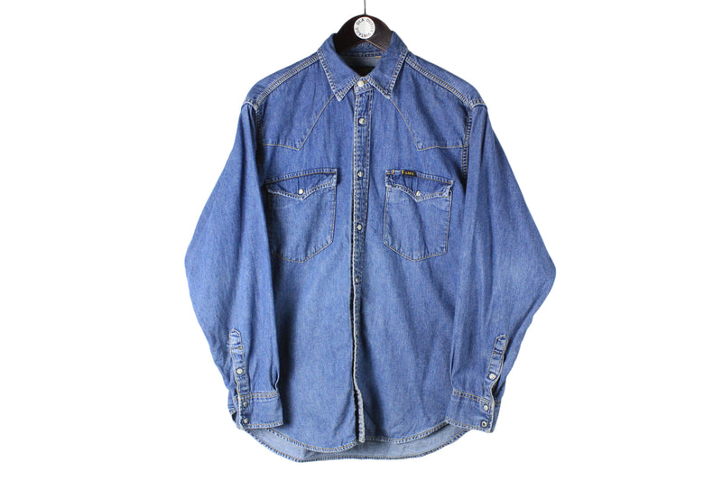 Vintage Lee Shirt Medium size men's oversize 90's style USA brand work wear blue jean denim collared long sleeve casual basic street style