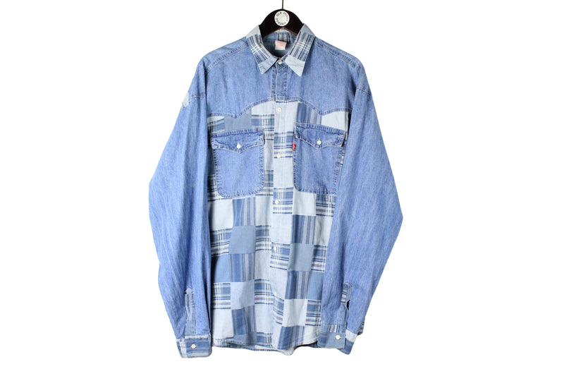 Vintage Levi's Shirt XLarge size men's oversize 90's style USA brand work wear blue jean denim collared long sleeve casual basic street style plaid pattern
