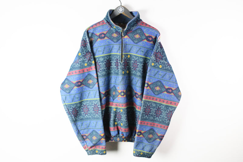 Vintage Fleece 1/4 Zip Fleece XLarge blue multicolor abstract crazy pattern retro style 80s ski outdoor sweater