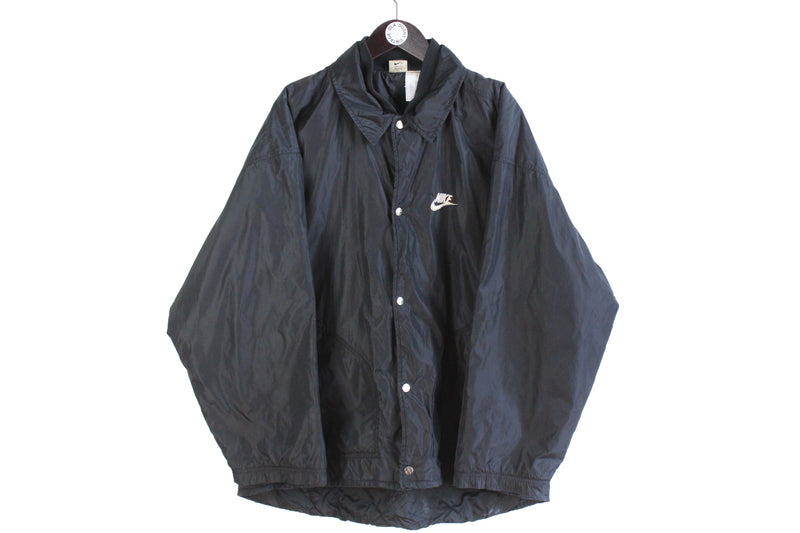 Vintage Nike Jacket black collared windbreaker snap button front logo authentic wear 90's style basic streetwear