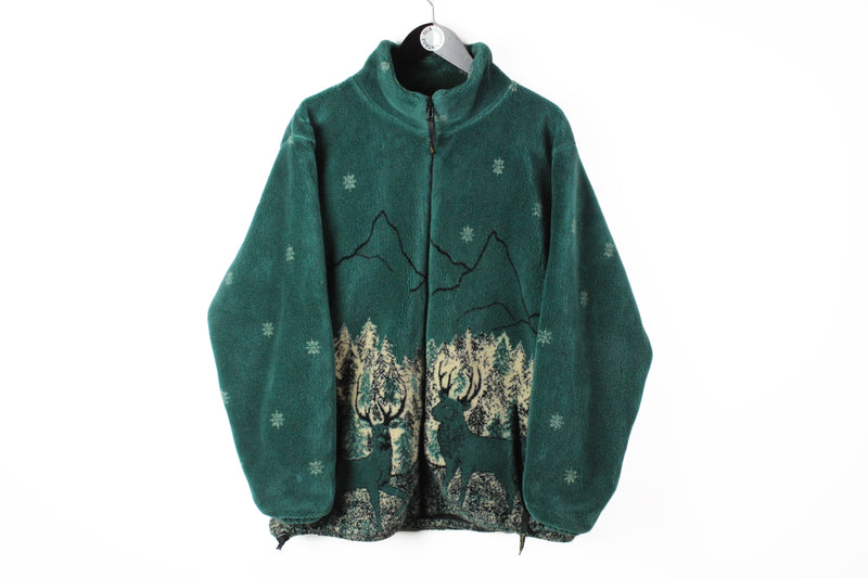 Vintage Fleece Full Zip Large animal pattern mountains 90's sweater ski style cozy print deer