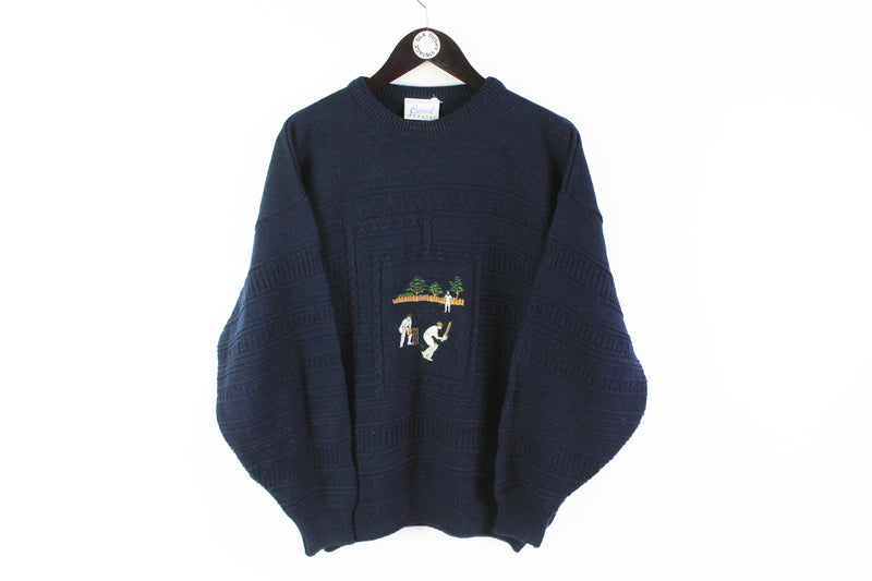 Vintage Baseball Sweater Medium / Large blue big embroidery logo 90s 80s crewneck pullover
