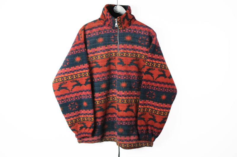 Vintage Fleece 1/4 Zip Large winter ski style animal pattern 90's Arctic sweater