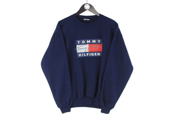 Vintage Tommy Hilfiger Bootleg Sweatshirt Medium navy blue 90s big logo hip hop style crewneck