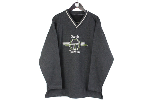 Vintage Sergio Tacchini Sweatshirt XXLarge gray big logo 90s v-neck sport jumper retro style