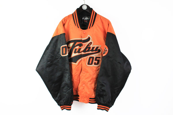 Vintage Fubu Bomber Jacket XXLarge orange black big logo 90s snap buttons oversize 