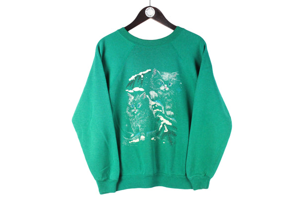 Vintage Kitty Sweatshirt Women’s Large green big logo Cat crewneck made in USA 90s