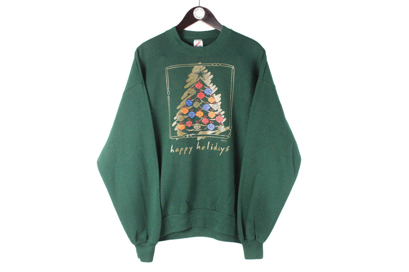 Vintage "Happy Holidays" Sweatshirt XLarge green Christmas 90s retro crewneck jumper made in USA