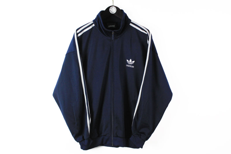 Vintage Adidas Track Jacket Large navy blue 90s sport style classic 3 stripes windbreaker