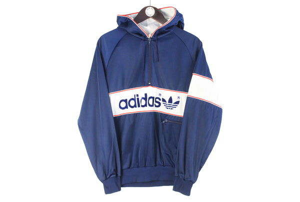 Vintage Adidas Hoodie 1/4 Zip blue big logo 90s retro sport style jumper polyester classic streetwear