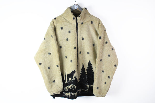 Vintage Fleece Full Zip XLarge forest wolf animal pattern beige heavy shynchilla sweater
