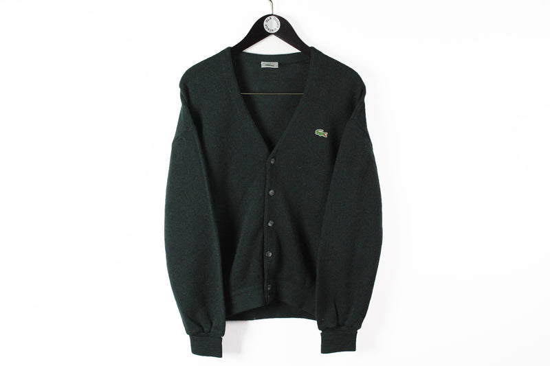 Vintage Lacoste Cardigan Medium black 90s small logo sweater retro style wool deep V-neck