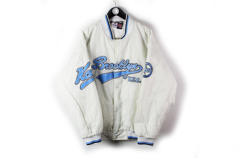 Vintage Karl Kani Bomber Jacket XLarge / XXLarge white blue Brooklyn NYC big logo baseball style snap buttons 90s sport style