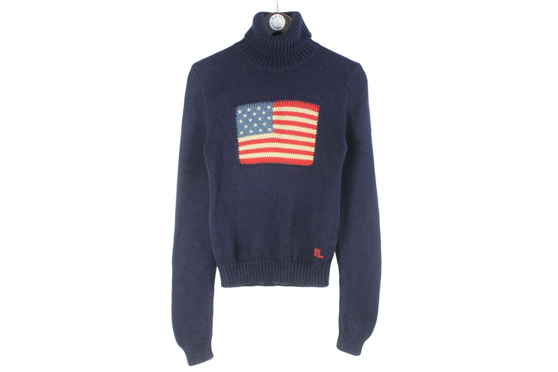 Vintage Polo by Ralph Lauren Sweater big USA logo 90s turtleneck RL navy Flag winter jumper