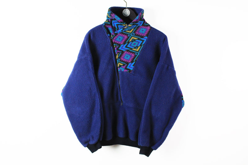 Vintage Fleece Half Zip Women's XLarge navy blue abstract pattern 90s sport windbreaker sweater 