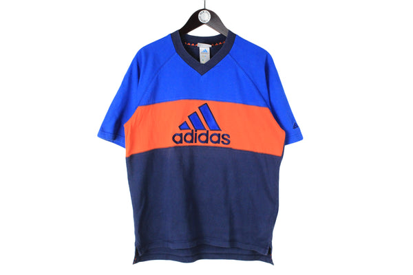 Vintage Adidas T-Shirt Large cotton big logo v-neck oversize blue orange 90s tee