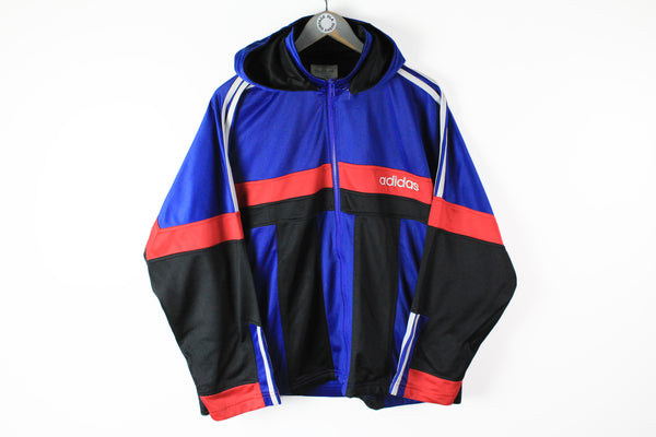 Vintage Adidas Track Jacket Medium big logo hooded blue black 90s sport jacket