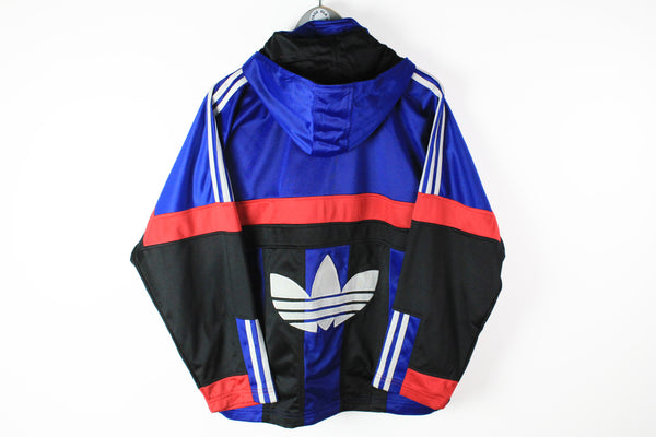 Vintage Adidas Track Jacket Medium big logo hooded blue black 90s sport jacket rare