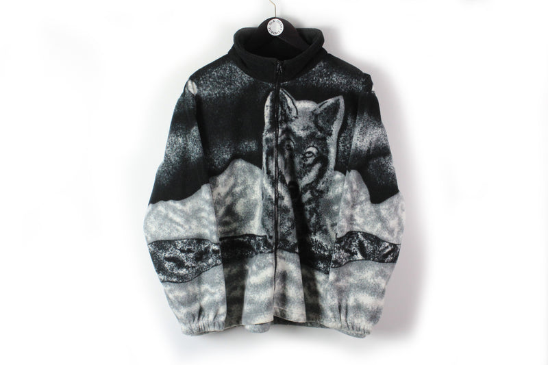 Vintage Wolf Fleece Full Zip Medium black gray animal pattern sweater winter hype cardigan