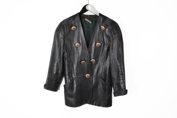 Vintage Jil Sander Jacket Medium black leather gold big buttons 90's style luxury authentic blazer