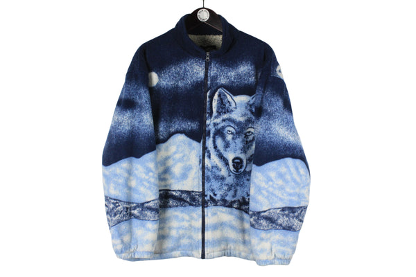 Vintage Wolf Fleece Full Zip Large blue nature 90s sweater retro style winter cozy jumper animal pattern