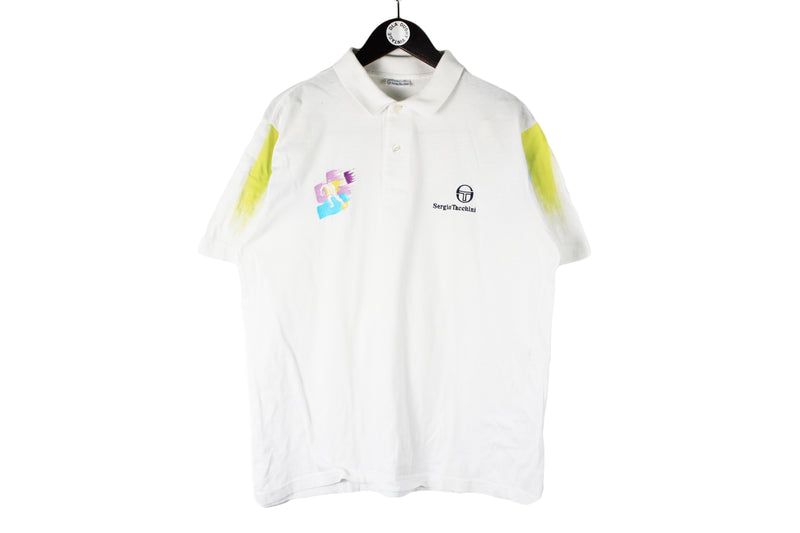 Vintage Sergio Tacchini Polo T-Shirt XLarge tennis 90s short sleeve white multicolor tee made in Italy