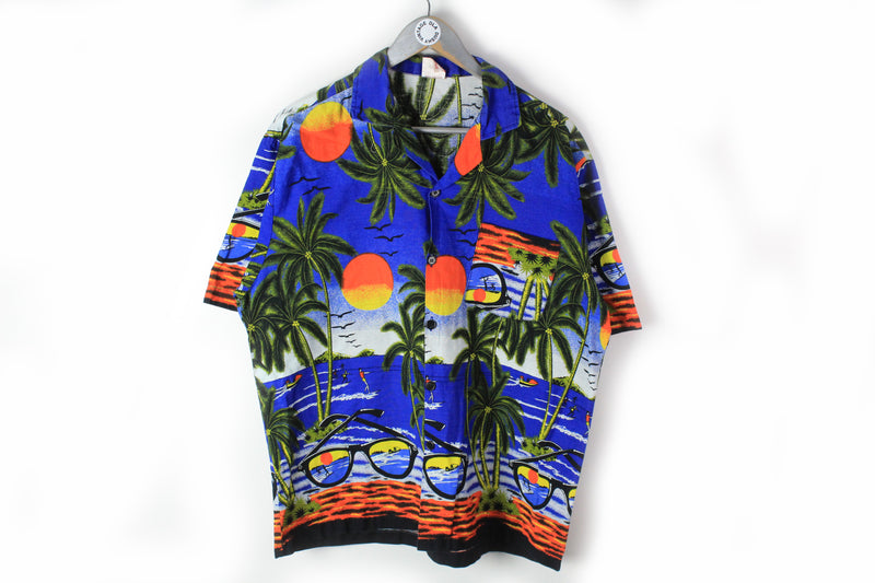 Vintage Hawaii Shirt Large half sleeve blue aloha 90s retro Beach palm and sun shirt