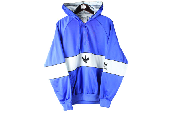 Vintage Adidas Hoodie blue big logo 90s retro hooded polyester jumper sport style
