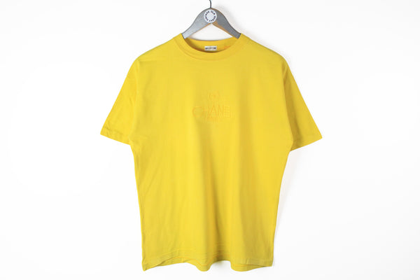 Vintage Chanel Embroidery Logo Bootleg T-Shirt Medium / Large yellow big logo 90s cotton retro tee