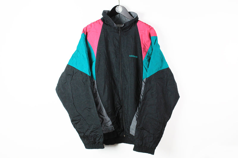 Vintage Adidas Track Jacket XLarge / XXLarge black 90s windbreaker athletic sport coat