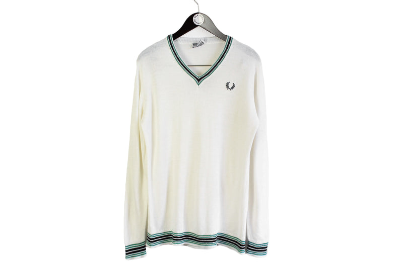 Vintage Fred Perry Sweater white knitted swear retro warm wear 90's style v-neck jumper retro rare long sleeve