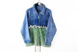 Vintage Fleece Full Zip Small blue green sheep pattern 90s sport style cozy sweater