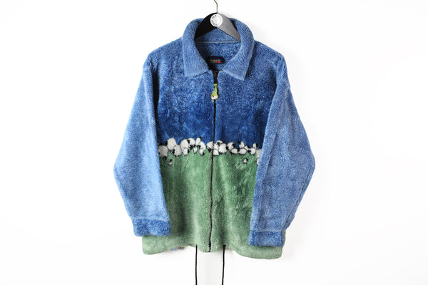 Vintage Fleece Full Zip Small blue green sheep pattern 90s sport style cozy sweater