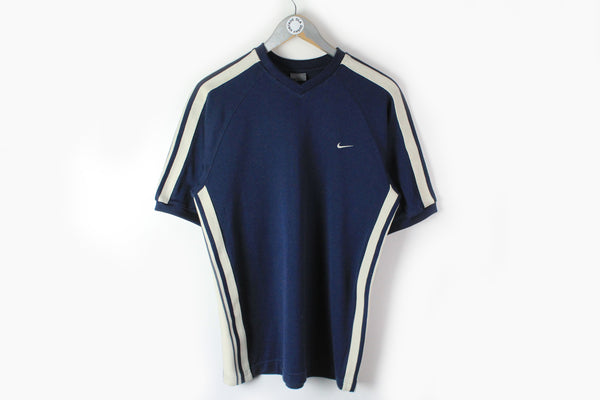 Vintage Nike T-Shirt Medium navy blue small swoosh logo 90s sport v-neck tee