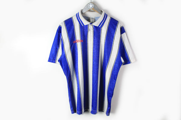 Vintage Adidas T-Shirt Large made in UK football sport striped pattern jersey 90s tee