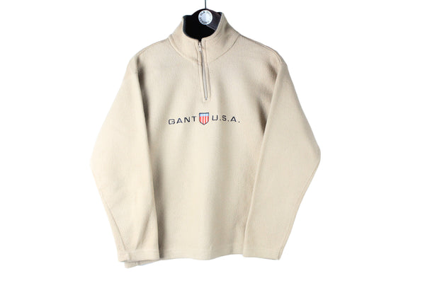 Vintage Gant Fleece 1/4 Zip beige big logo 90s retro sweater sport jumper