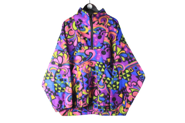 Vintage Fleece 1/4 Zip crazy abstract pattern multicolor purple 90s retro ski sweater jumper cozy oversize sweatshirt