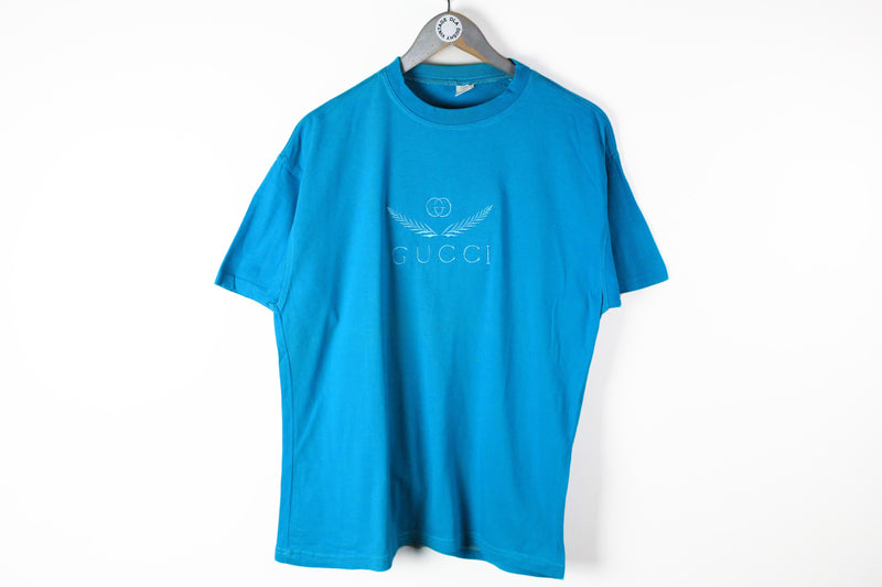 Vintage Gucci Bootleg Embroidery Logo T-Shirt Large / XLarge blue 90s retro style sky tee