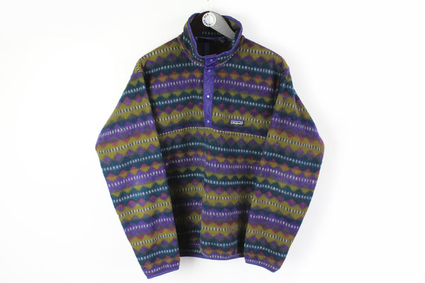 Vintage Patagonia Fleece Medium made in USA purple green abstract crazy pattern 90s outdoor Synchilla sweater