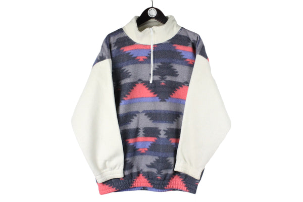 Vintage Fleece 1/4 Zip Small abstract pattern white gray 90s ski sweater