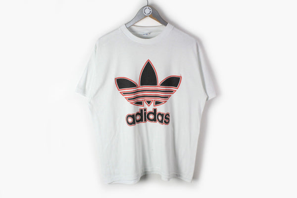Vintage Adidas T-Shirt Medium white big logo made in USA 80s sport tee Run DMC big logo hip hop tee