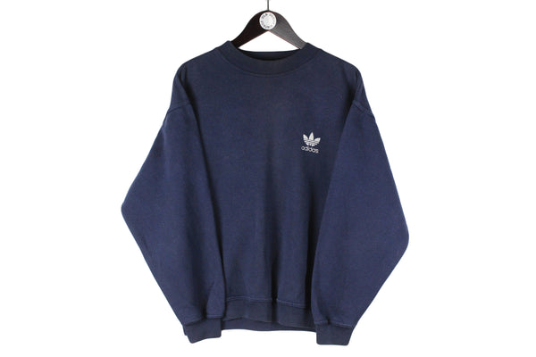 Vintage Adidas Sweatshirt Medium size men's navy blue pullover cotton sport wear retro rare 90's clothing front logo old school streetwear street style authentic athletic jumper crewneck