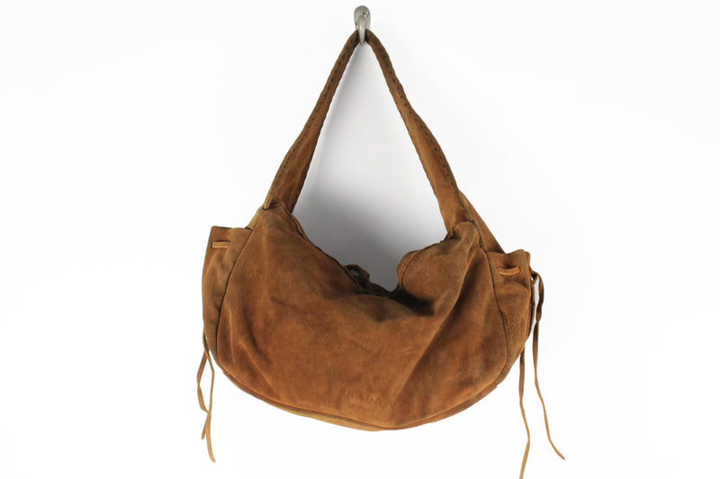 Vintage Prada Shoulder Bag brown boho style hippie streetstyle luxury rare retro classic 90's 80's outfit women's basic casual made in Italy suede leather