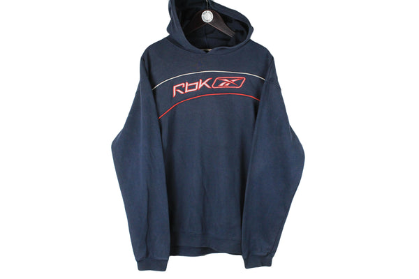 Vintage Reebok Hoodie XLarge size men's navy blue hooded sweatshirt cotton sport wear retro rare 90's clothing big logo old school streetwear street style authentic athletic jumper
