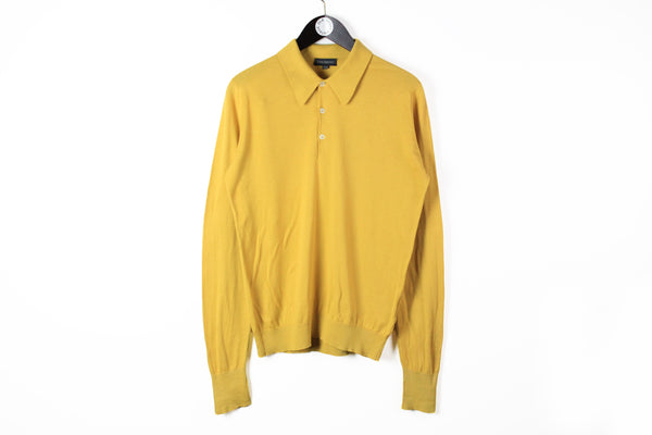John Smedley Sweater Medium yellow button 90s sport style UK wool luxury brand