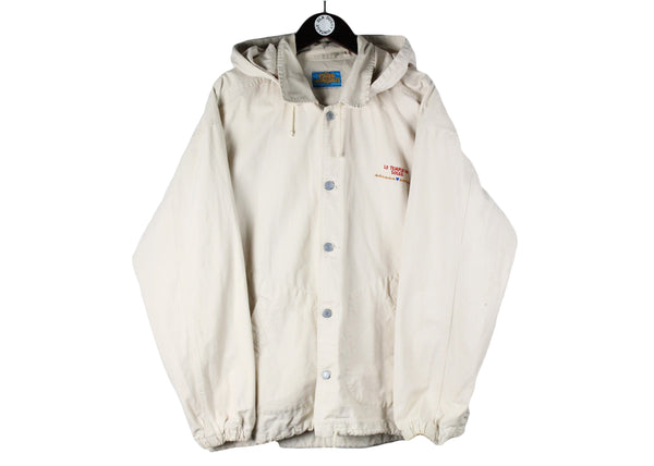 Vintage TIN TIN Jacket XLarge size men's oversized retro coat hooded beige wear big logo cartoon rare retro 90's outfit street style clothing Le Temple Du Soleil TinTin reporter 1993 